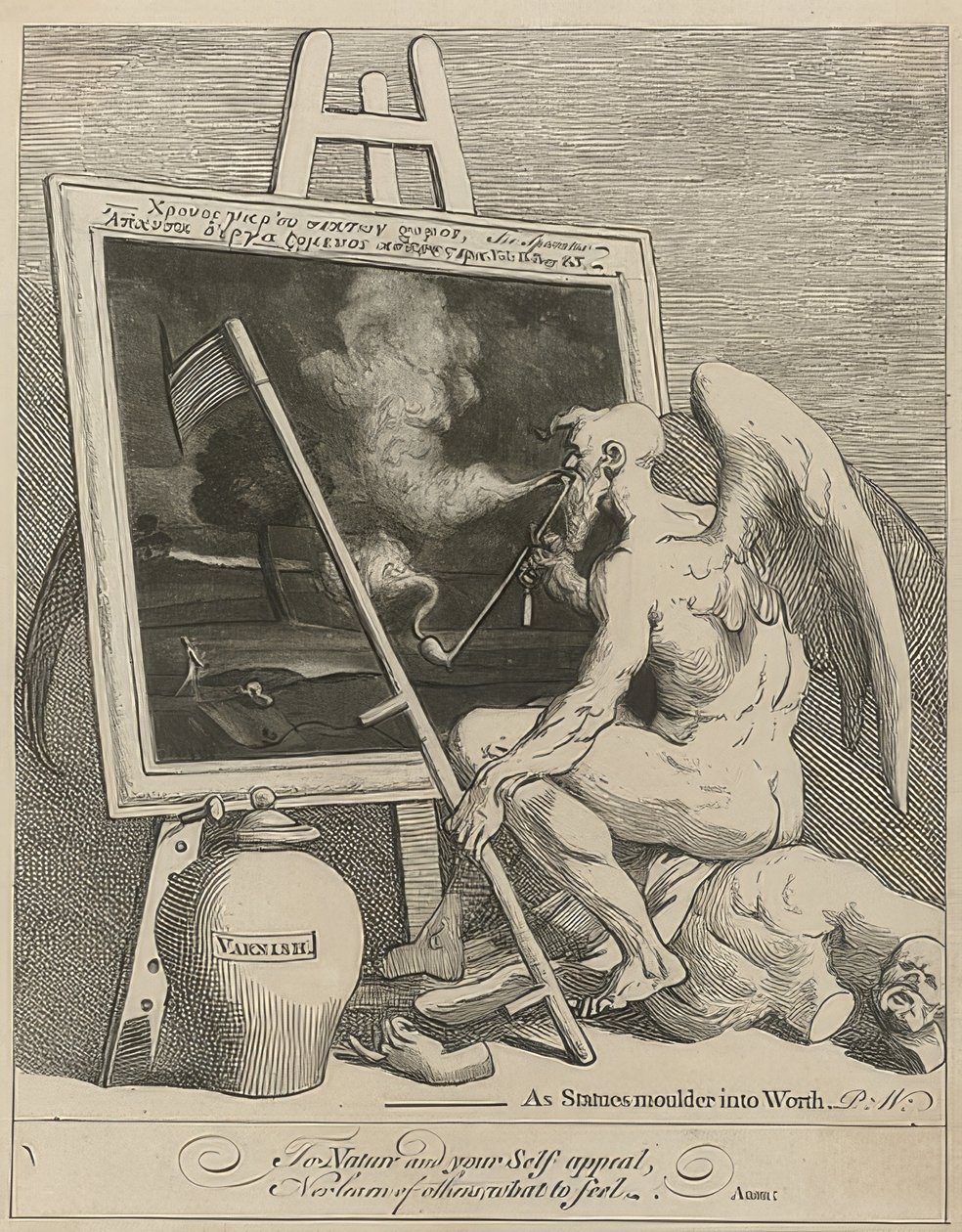 Bůh času kouří obraz (Time Smoking a Picture). 1761 od William Hogarth