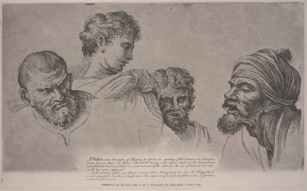 Čtyři hlavy z karikatur Raphaela v Hampton Court, kolem roku 1729 (lept) od William Hogarth