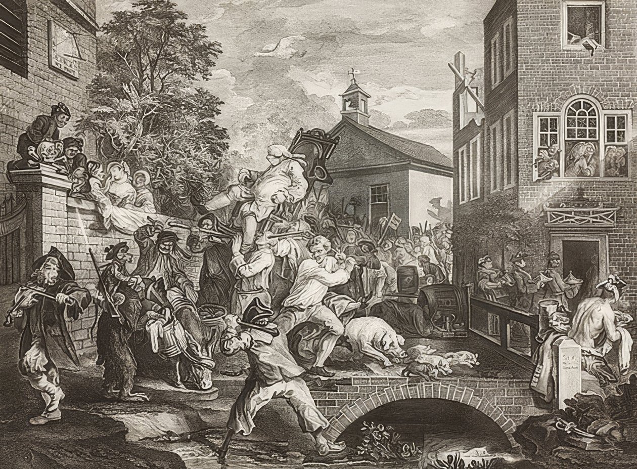 Čtyři tisky voleb / Všeobecné volby. List 4: Předsednictví poslanců / Triumfální průvod poslanců. 1758 od William Hogarth