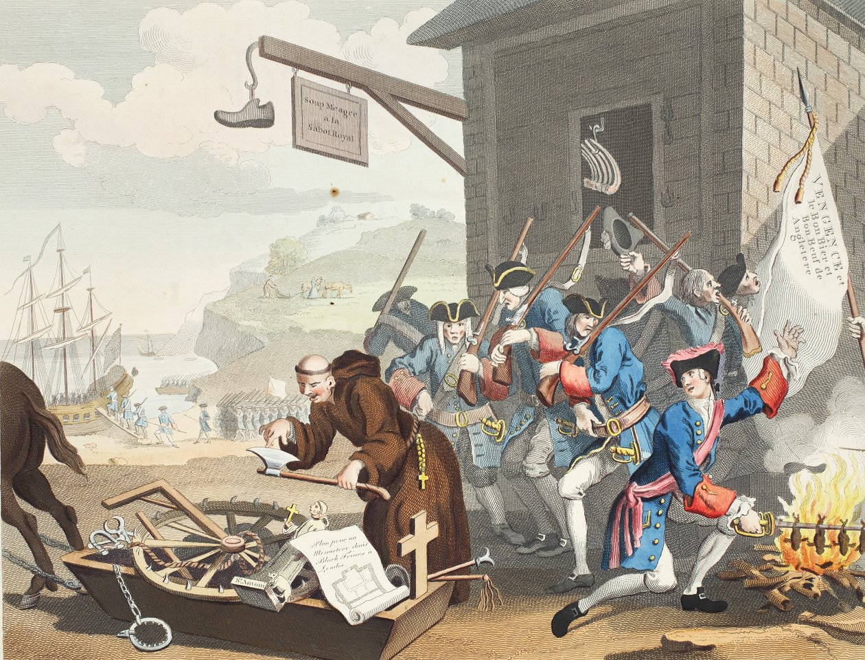 Francie, ilustrace z knihy "Hogarth Restored: Hogartha, přebásněné Thomasem Cookem", vyd. 1812 (ručně kolorovaná rytina) od William Hogarth