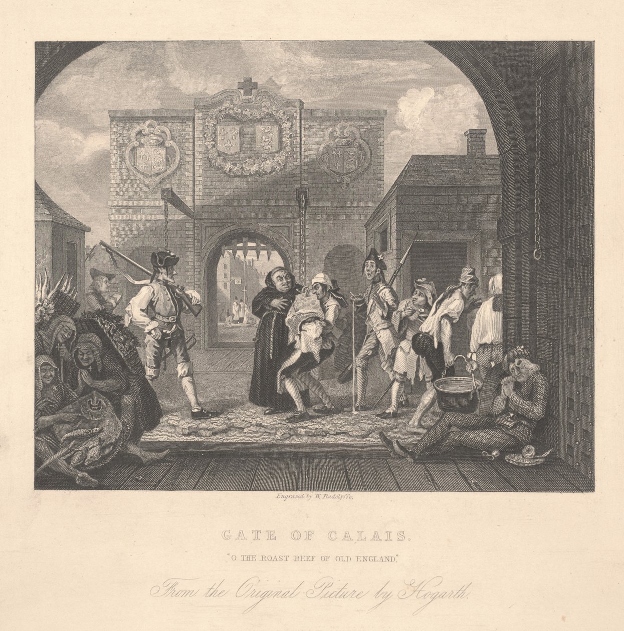 Brána Calais, vyryla William Radclyffe (1783-1855) od William Hogarth