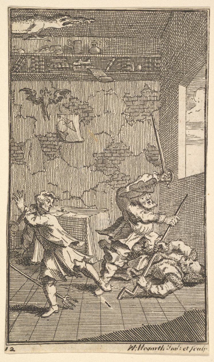 Hudibras porazil Sidrophel a Whachum Sedmnáct malých ilustrací pro Samuela Butlera..., 1721-26. od William Hogarth