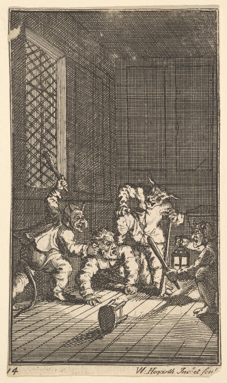 Hudibras katechizoval sedmnáct malých ilustrací pro Samuela Butlerse Hudibras, no. 14, 1721-26. od William Hogarth