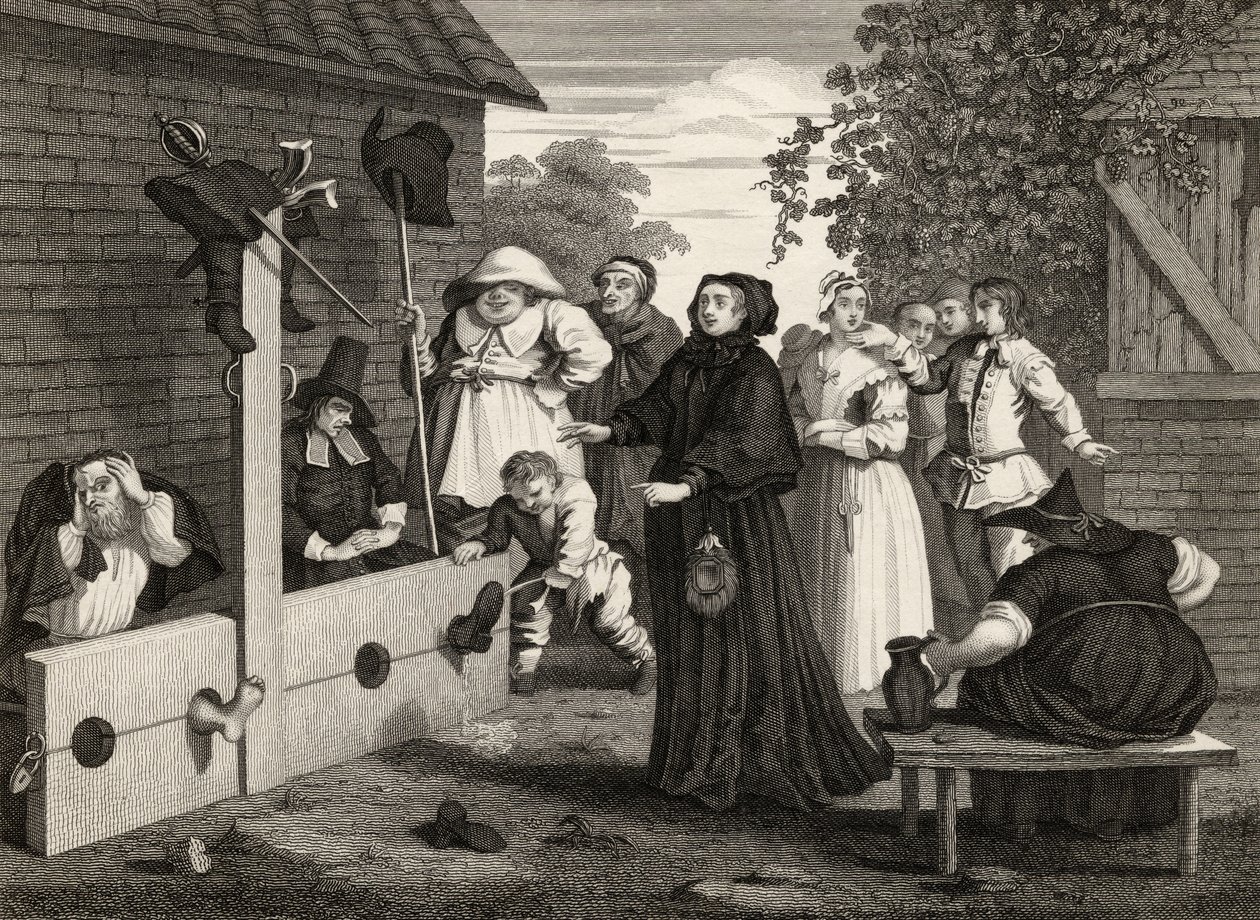 Hudibras a Ralpho v punčochách, z knihy "Hudibras" od Samuela Butlera (1612-80), vyryl J. Romney, z knihy "The Works of William Hogarth", vydané v roce 1833. od William Hogarth