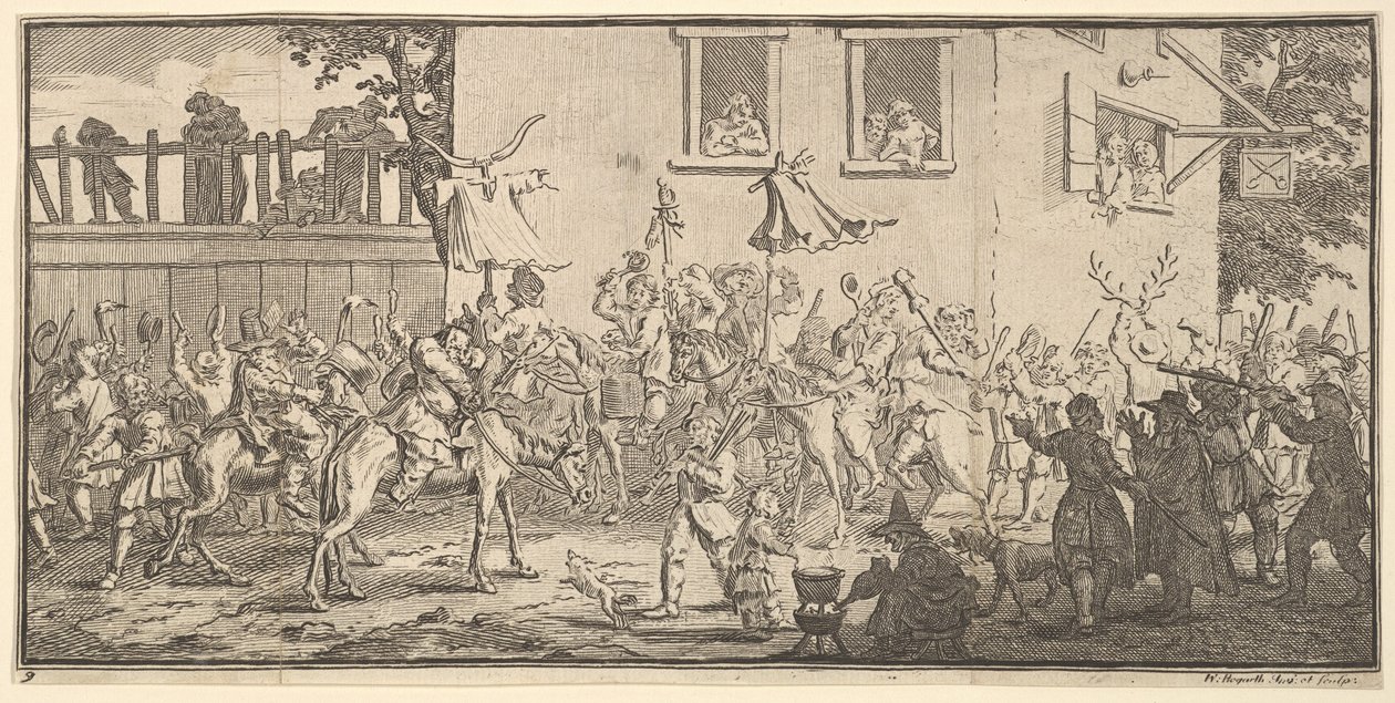 Hudibras a Skimmington Sedmnáct malých ilustrací pro Hudibras Samuela Butlera..., 1721-26. od William Hogarth
