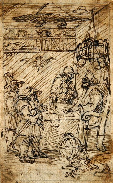 Hudibras na návštěvě u Sidrofela (tužka a hnědá tuš na papíře) od William Hogarth