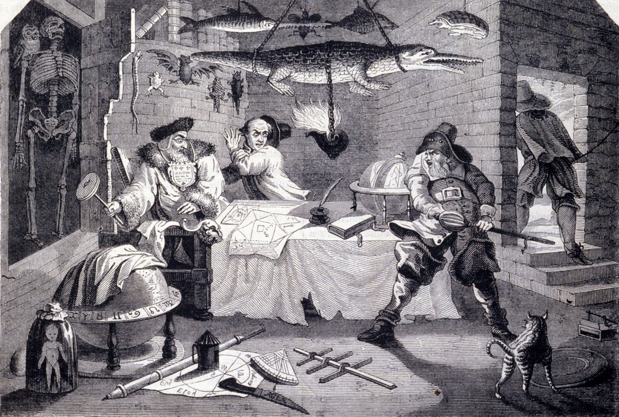 Hudribas zaútočí na astrologa Sidrophela a jeho komorníka Whacuma. Rytina Williama Hogartha (1697-1764) k básni „Hubridas“ od Samuela Butlera (17. století). Asi 1725 od William Hogarth