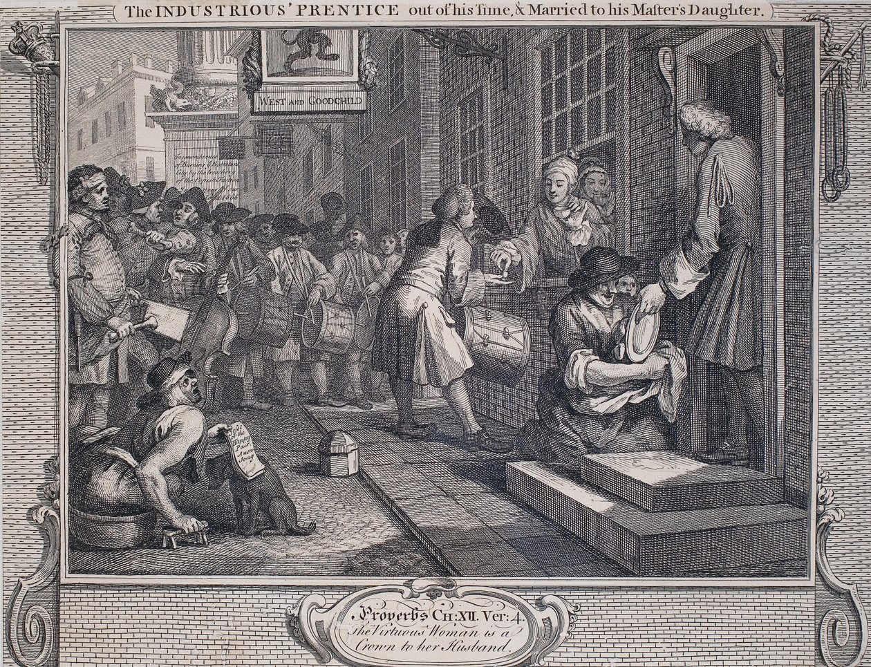 Průmysl a zahálka: Průmyslný "Prentice Married" (liniová rytina na papíře) od William Hogarth