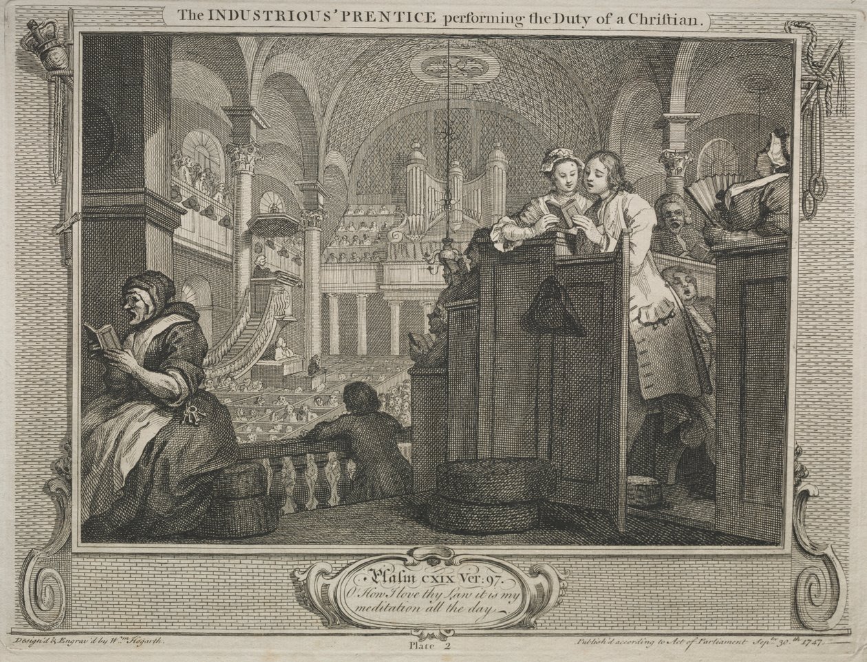 Průmysl a nečinnost: Pracovitý Prentice plnící povinnost křesťana od William Hogarth