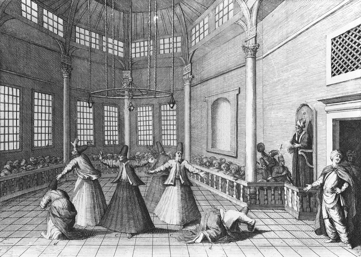 Uvnitř turecké mešity, ilustrace z knihy Aubry de la Mottraye „Cesty přes Evropu, Asii a do části Afriky“, vydané 1723 od William Hogarth