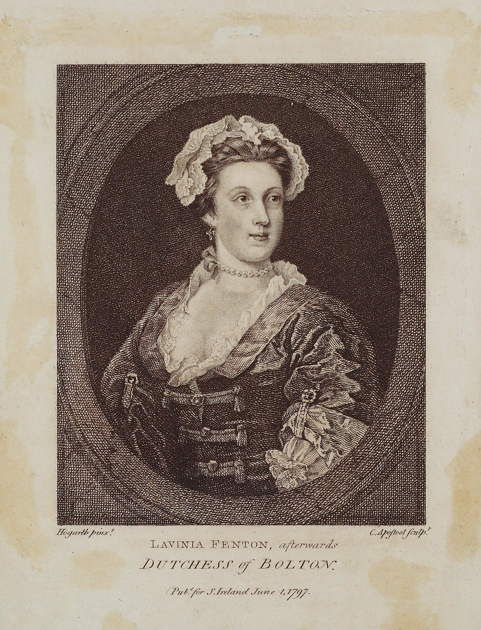 Lavinia Fenton, později vévodkyně z Boltonu, ryl Cornelius Apostol (1762-1844), 1797 (tečkovaná rytina) od William Hogarth