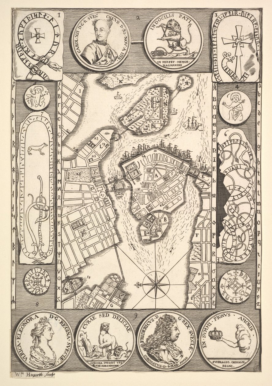 Mapa Stockholmu Aubry de La Mottrayes cestuje po Evropě, Asii a do části..., 1723-24. od William Hogarth