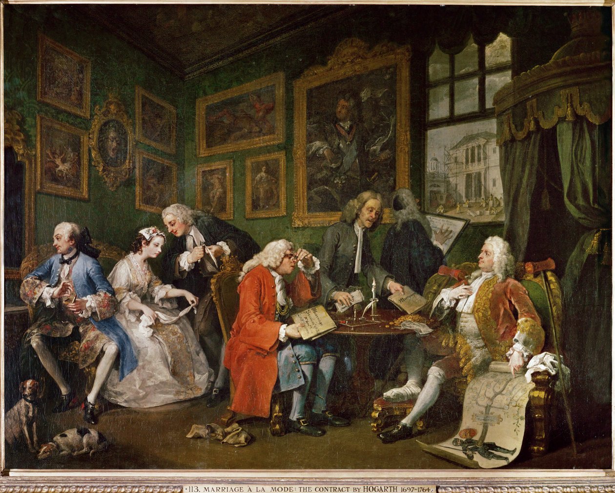 Mariage a la mode, série šesti satirických obrazů (malba na plátně) od William Hogarth