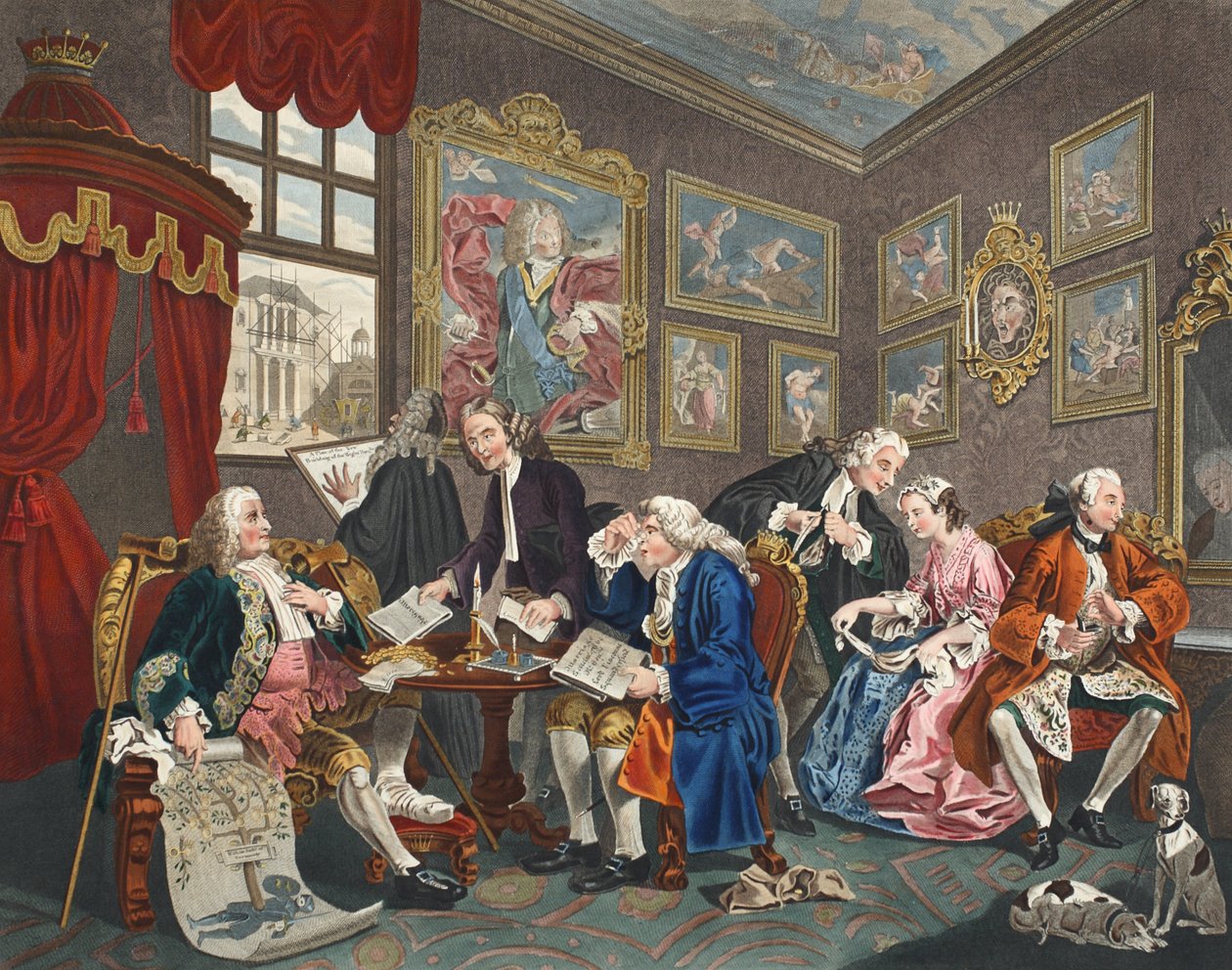 Marriage a la Mode, Plate I, The Marriage Settlement, ilustrace z 
