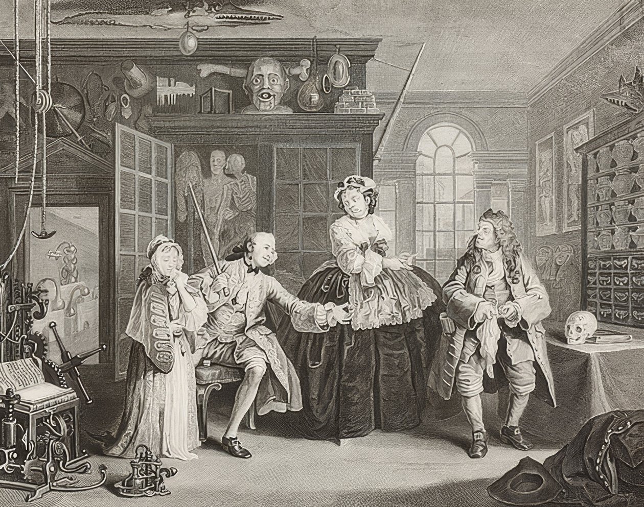 Manželství à la Mode / manželství podle módy. List 3: Inspekce / Hrabě a šarlatán. 1745 od William Hogarth