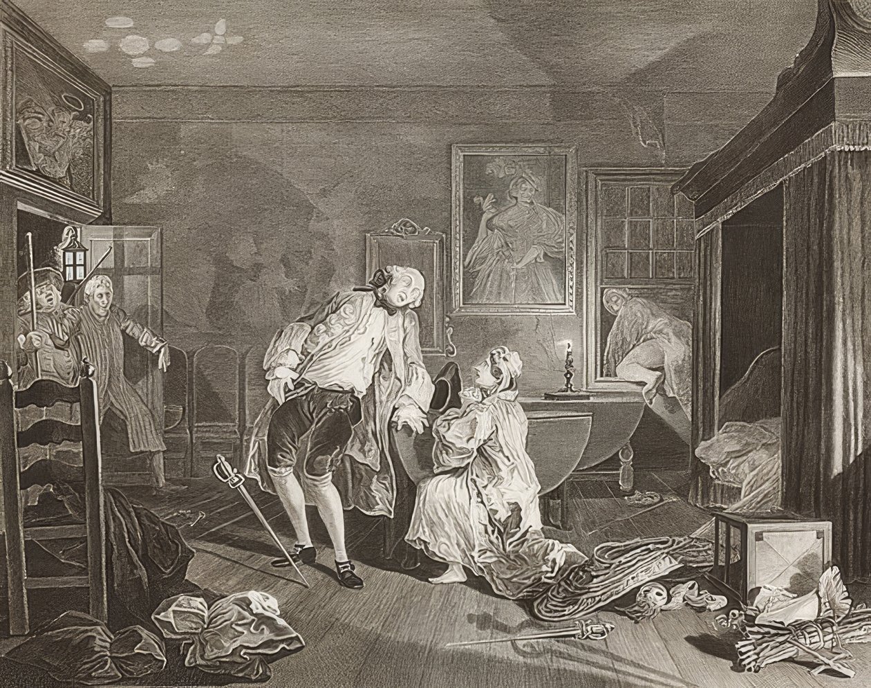Manželství à la Mode / manželství podle módy. List 5: Bagnio / Hrabě padne v souboji. 1745 od William Hogarth