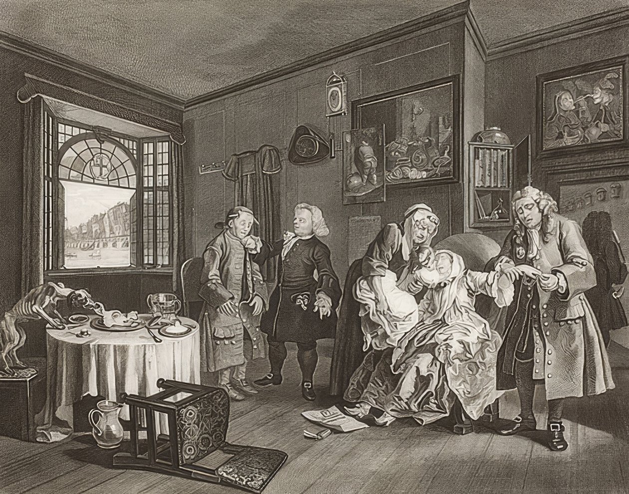 Marriage à la Mode / Manželství podle módy. List 6: Smrt dámy / Der Selbstmord der Gräfin. 1745 od William Hogarth