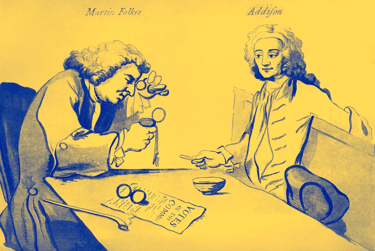 Martin Folkes a Addison v Buttonově kavárně od William Hogarth