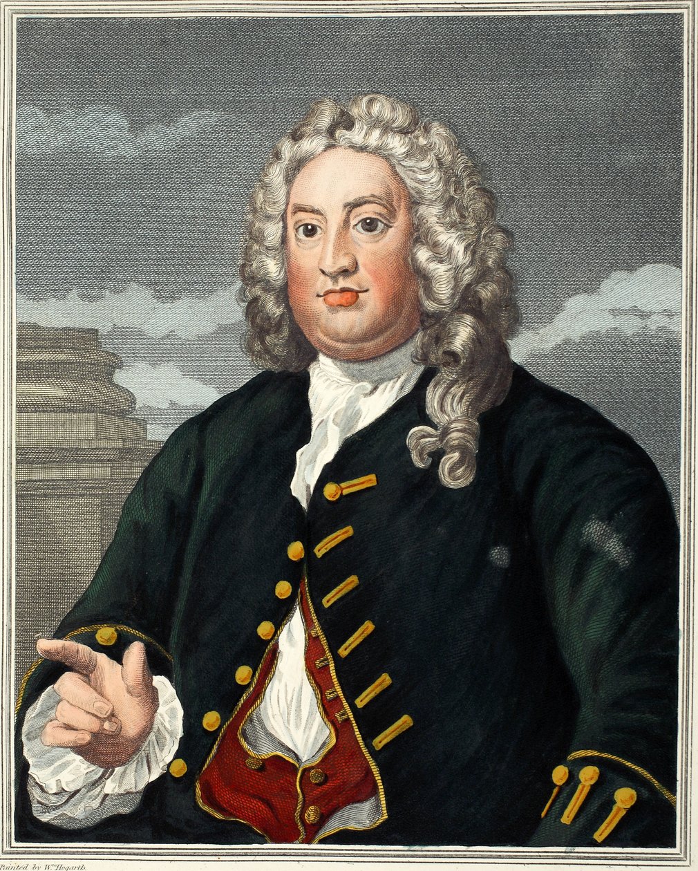 Martin Folkes, ilustrace z knihy "Hogarth Restored: Hogartha, přebásněné Thomasem Cookem", vyd. 1812 (ručně kolorovaná rytina) od William Hogarth