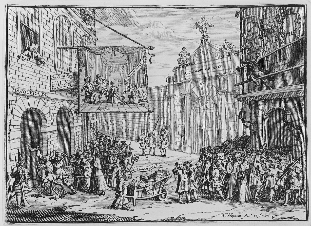 Maškarády a opery, Burlington Gate, 1724 od William Hogarth