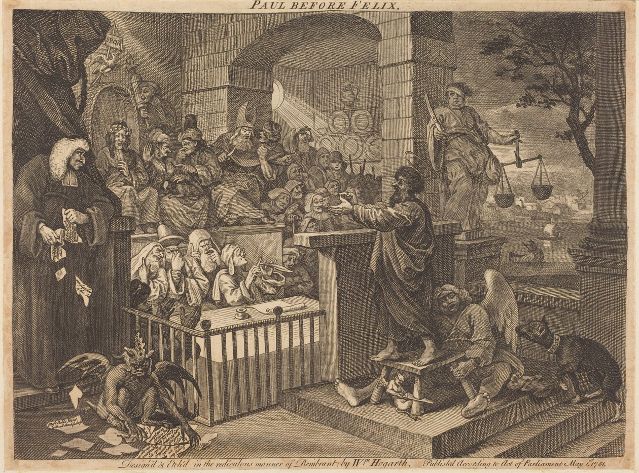 Pavel před Felixem v burleskním podání od William Hogarth