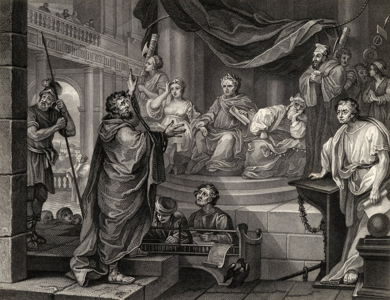 Paul před Felixem, z „Díla Williama Hogartha“, vydaného v roce 1833 od William Hogarth