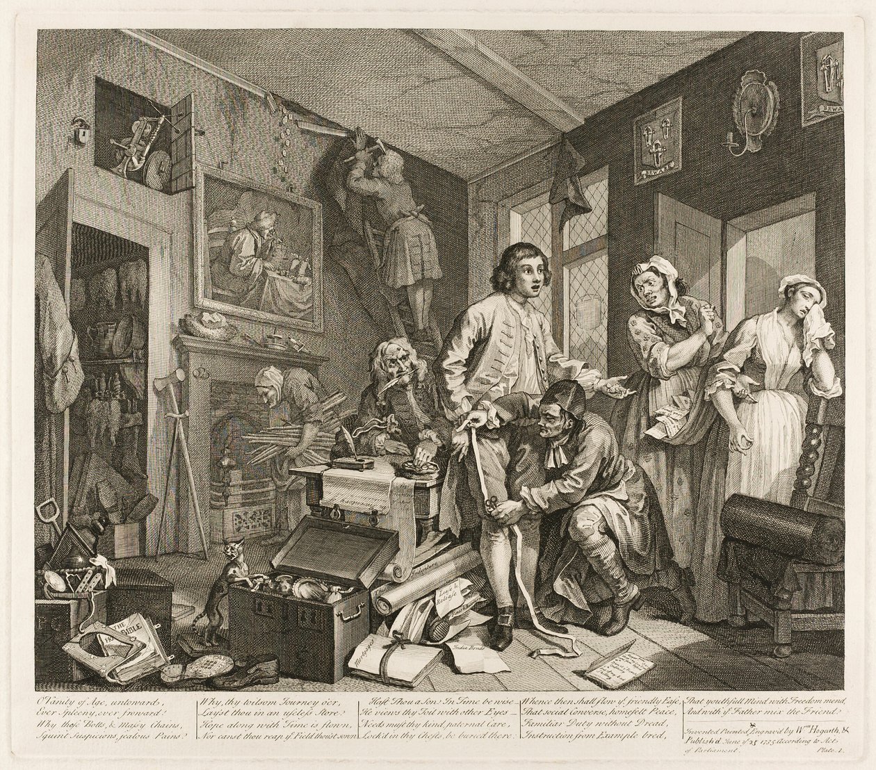První deska z knihy Pokrok hráběte od William Hogarth