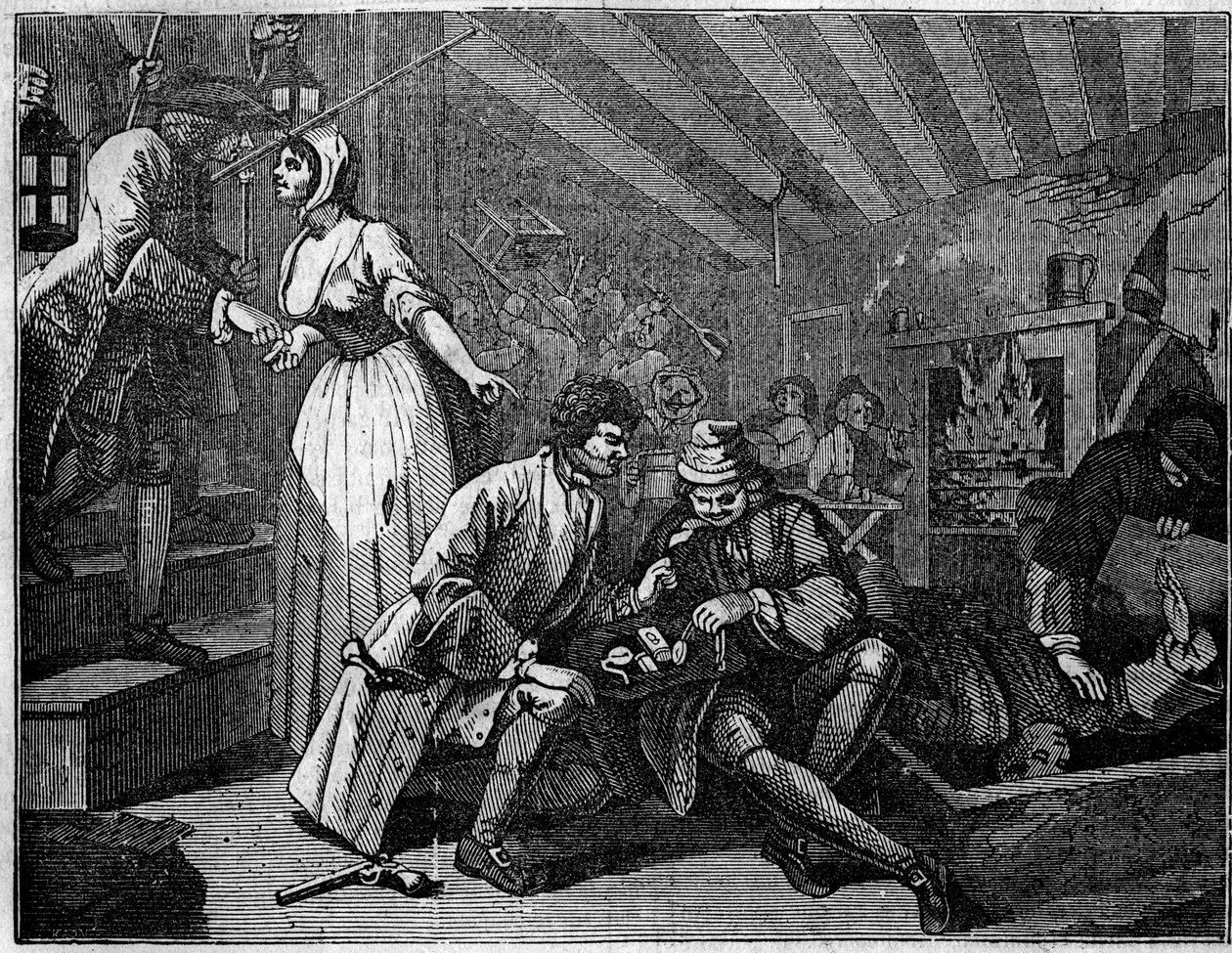 Deska převzatá ze série 12 rytin od Williama Hogartha (1697-1764), britského ilustrátora, nazvaná „Průmysl a zahálka“, „“Zele a lenost““, vyprávějící o kariéře dvou učňů: Thomas Idle, vinný svými nectnostmi, byl zastavil v hospodě v od William Hogarth