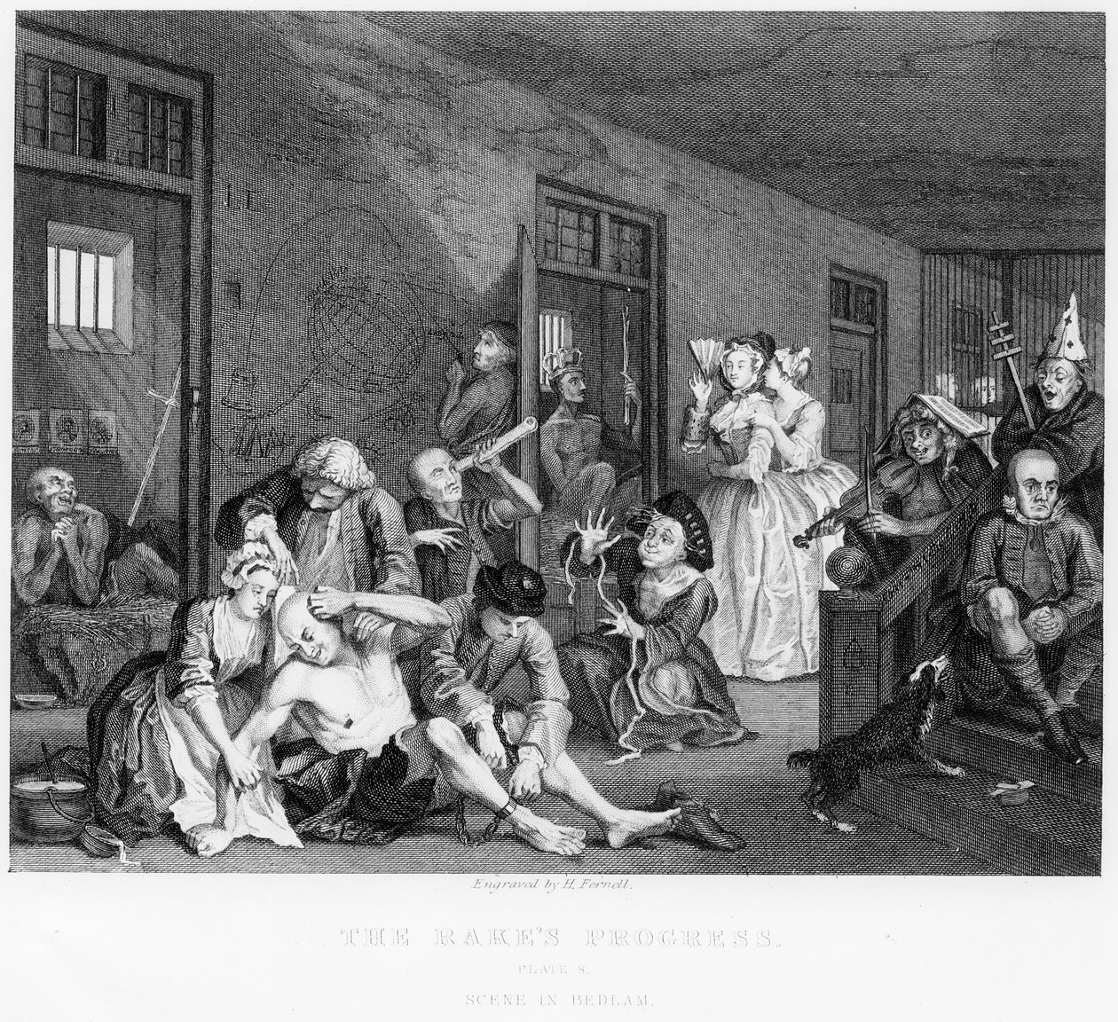Scéna v Bedlamu, deska VIII, z knihy Pokrok hráběte od William Hogarth