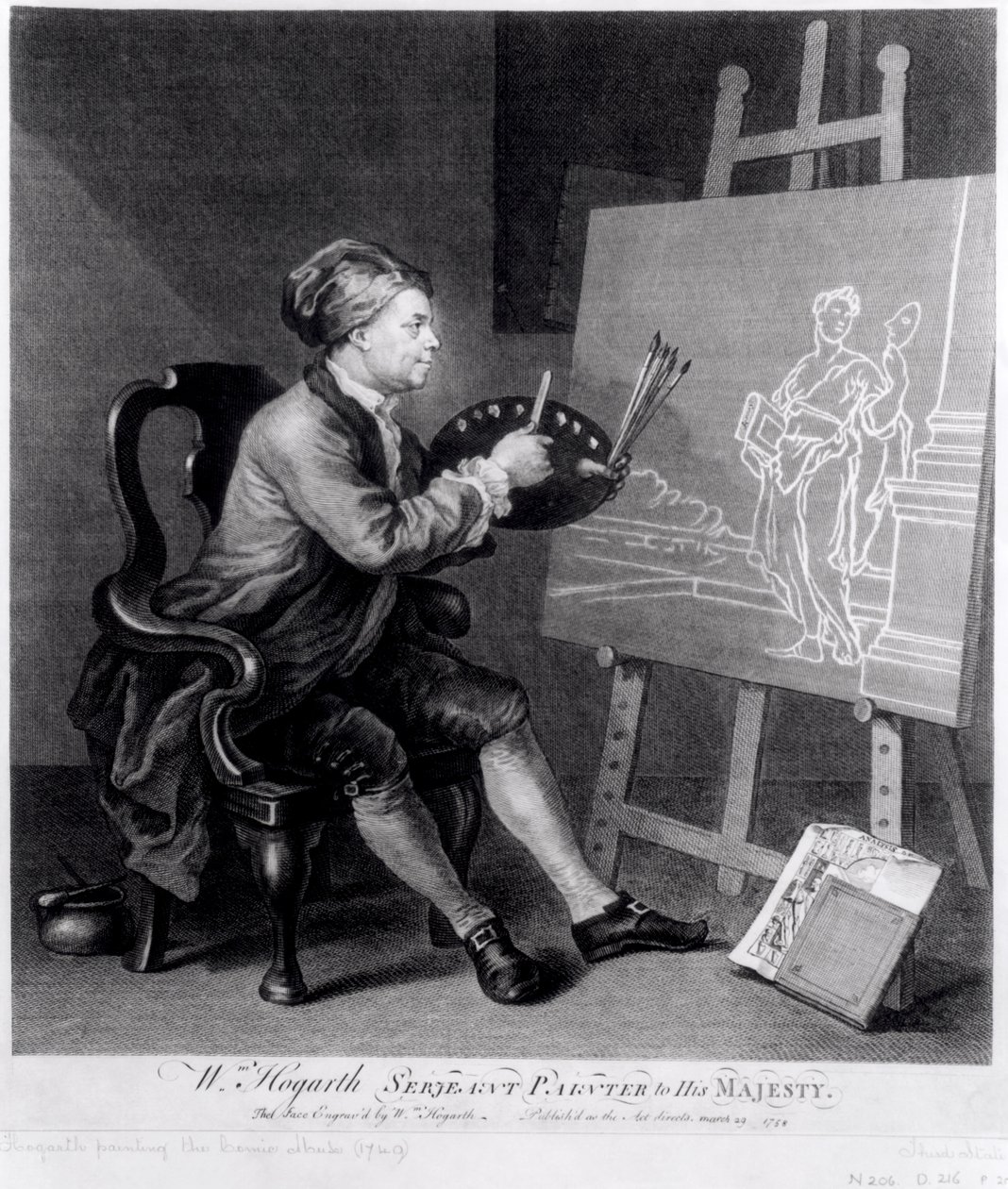 Autoportrét Painting the Comic Muse, rytý umělcem, hospoda. 1758 od William Hogarth