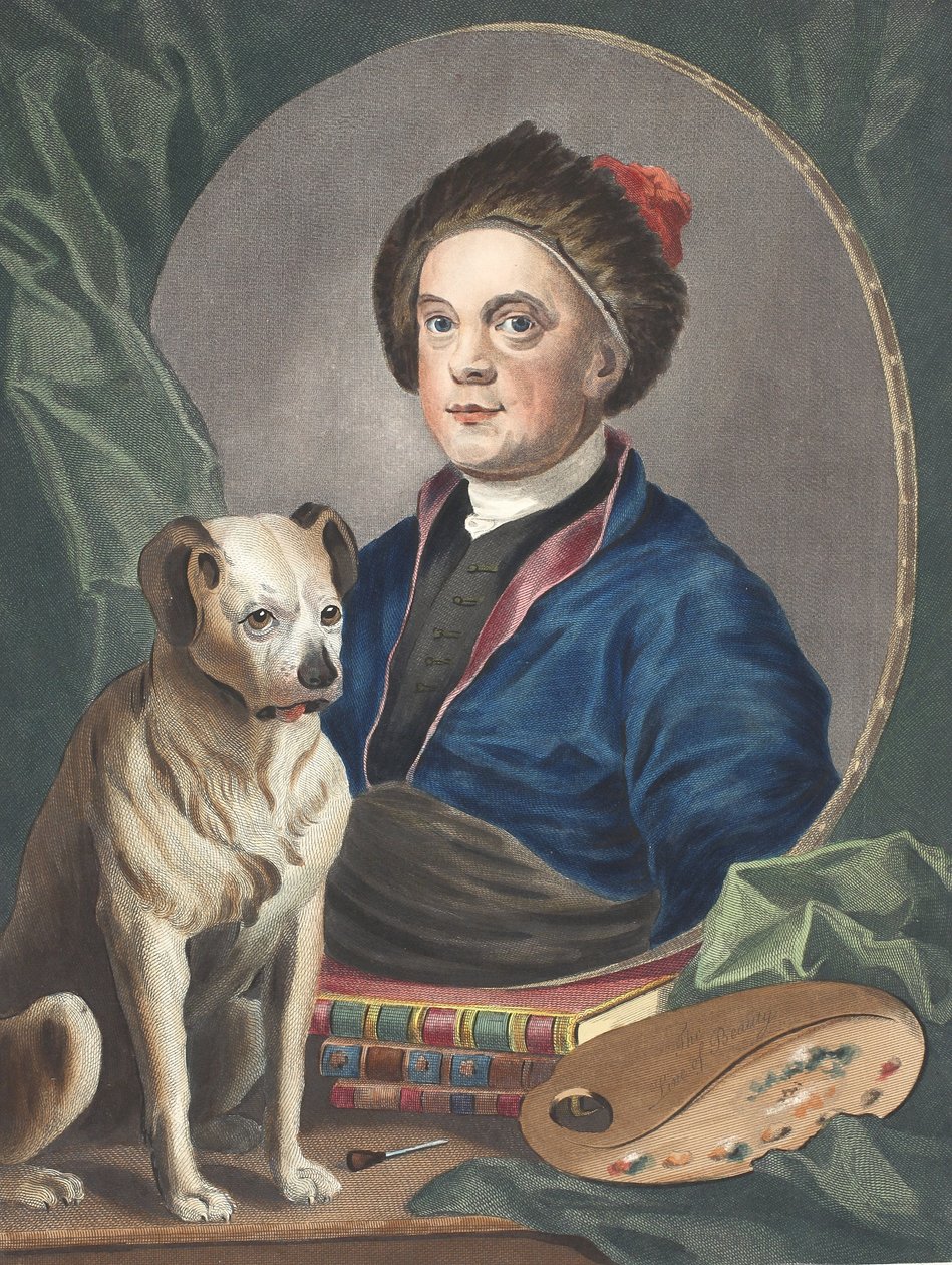 Autoportrét, ilustrace z knihy "Hogarth Restored: Hogartha, přebásněné Thomasem Cookem", vyd. 1812 (ručně kolorovaná rytina) od William Hogarth