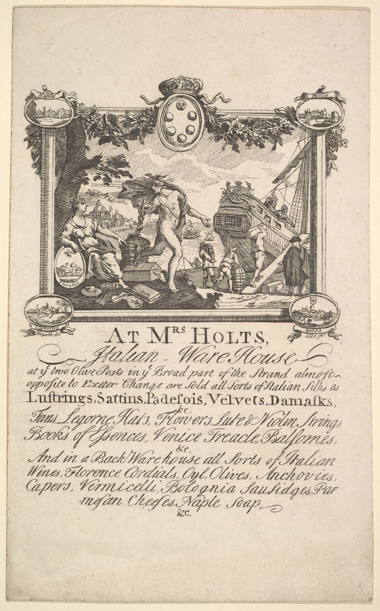 Prodejní karta pro italský sklad paní Holtsové, 1720-72. od William Hogarth