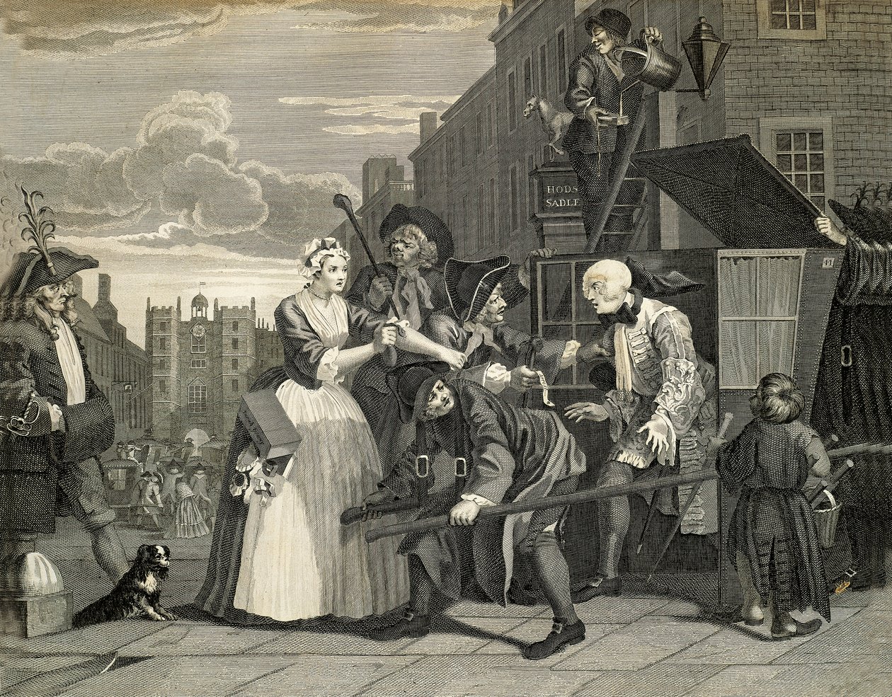 Pouliční scény v Londýně, William Hogarth (1697-1764), rytina, Anglie od William Hogarth