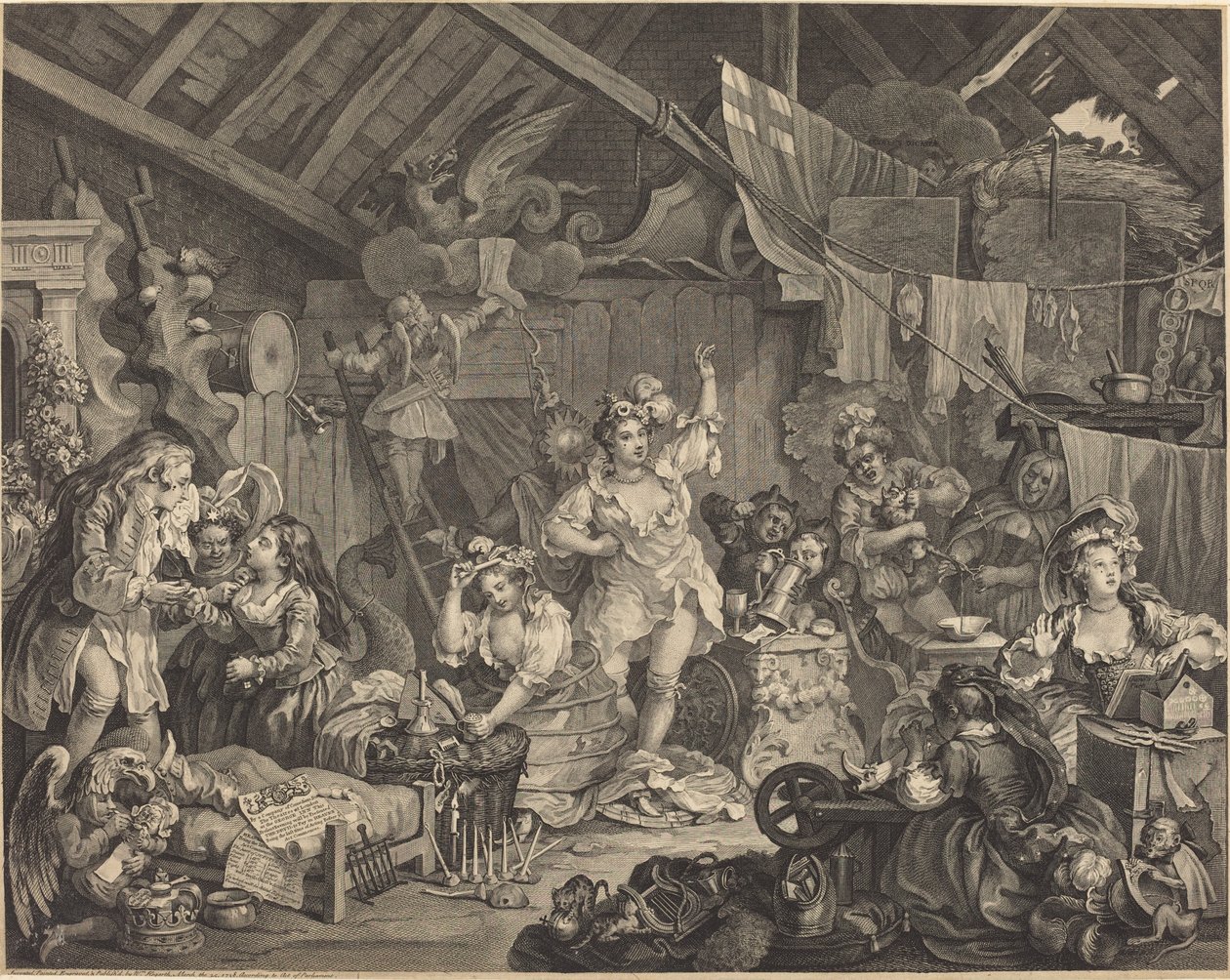 Chodící herečky oblékající se ve stodole od William Hogarth