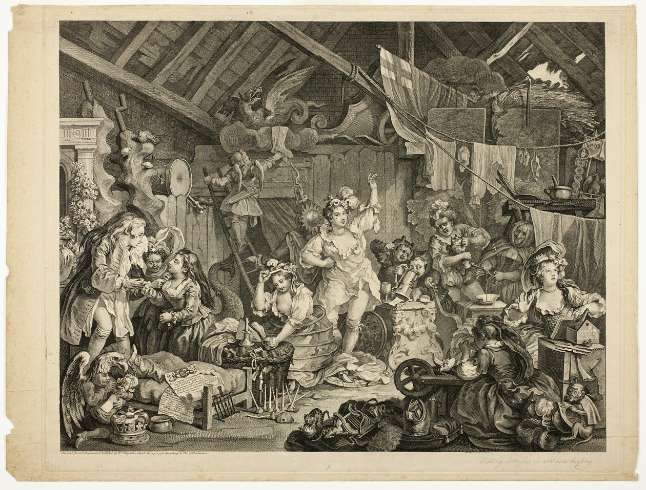 Chodící herečky oblékající se ve stodole od William Hogarth