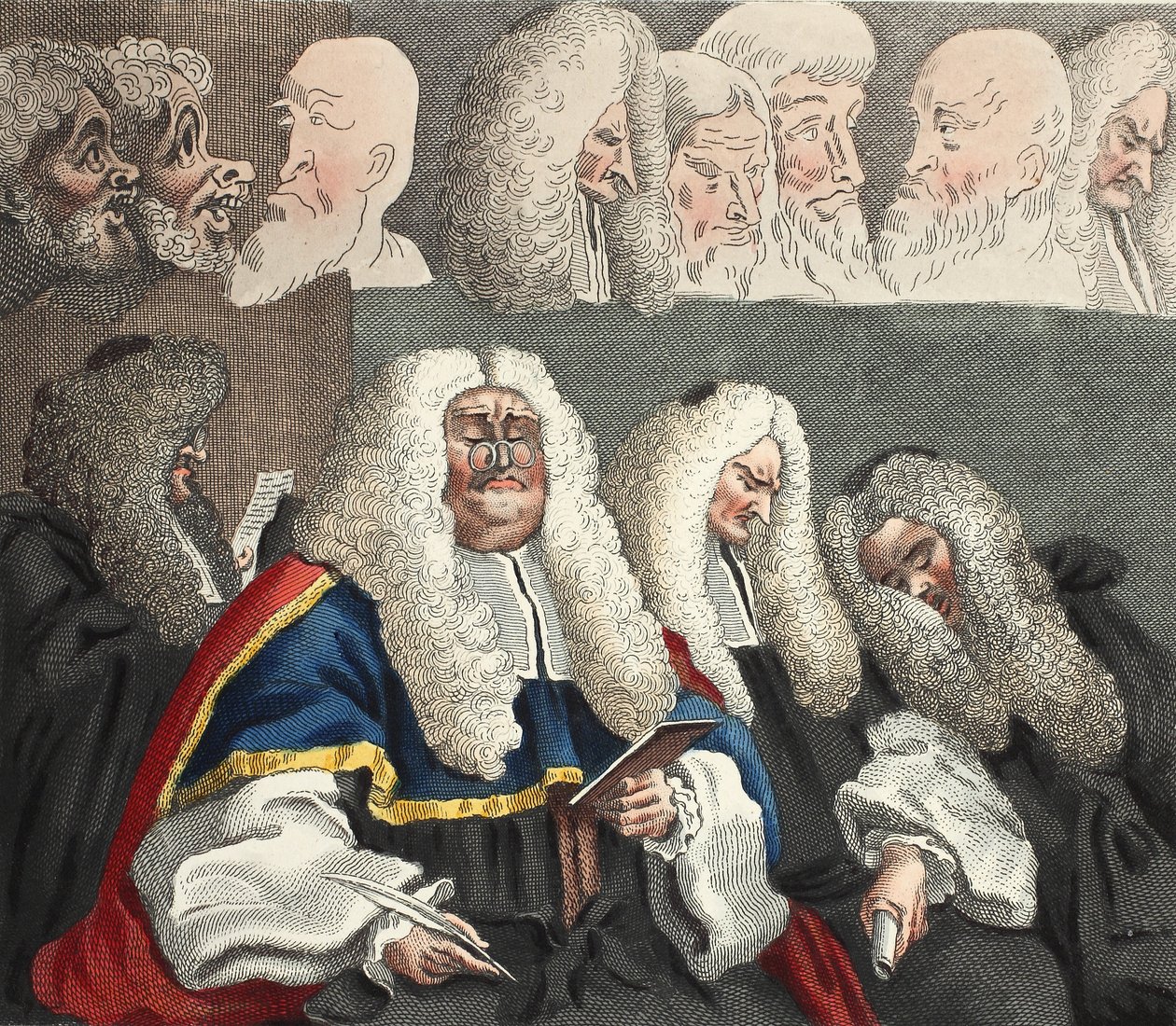 Lavička, ilustrace z knihy "Hogarth Restored: Hogartha, přebásněné Thomasem Cookem", vyd. 1812 (ručně kolorovaná rytina) od William Hogarth