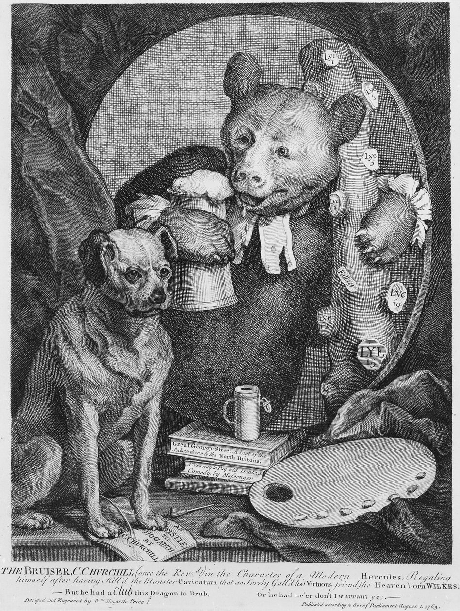 Bruiser Charles Churchill, kdysi reverend, v postavě ruského Herkula, 1763 od William Hogarth