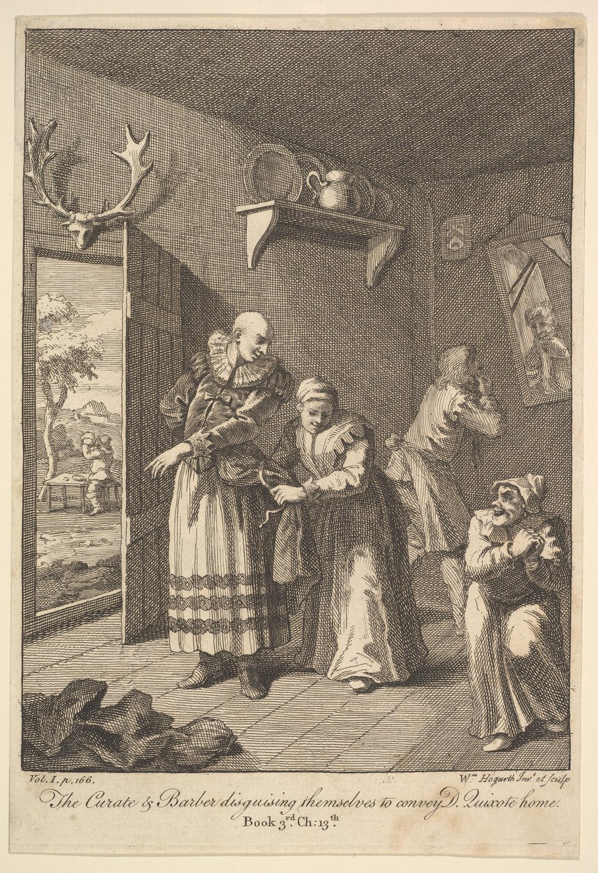 Kurát a holič se převlékají, aby zprostředkovali Don Quijote Home Six I..., 1756 nebo později. od William Hogarth