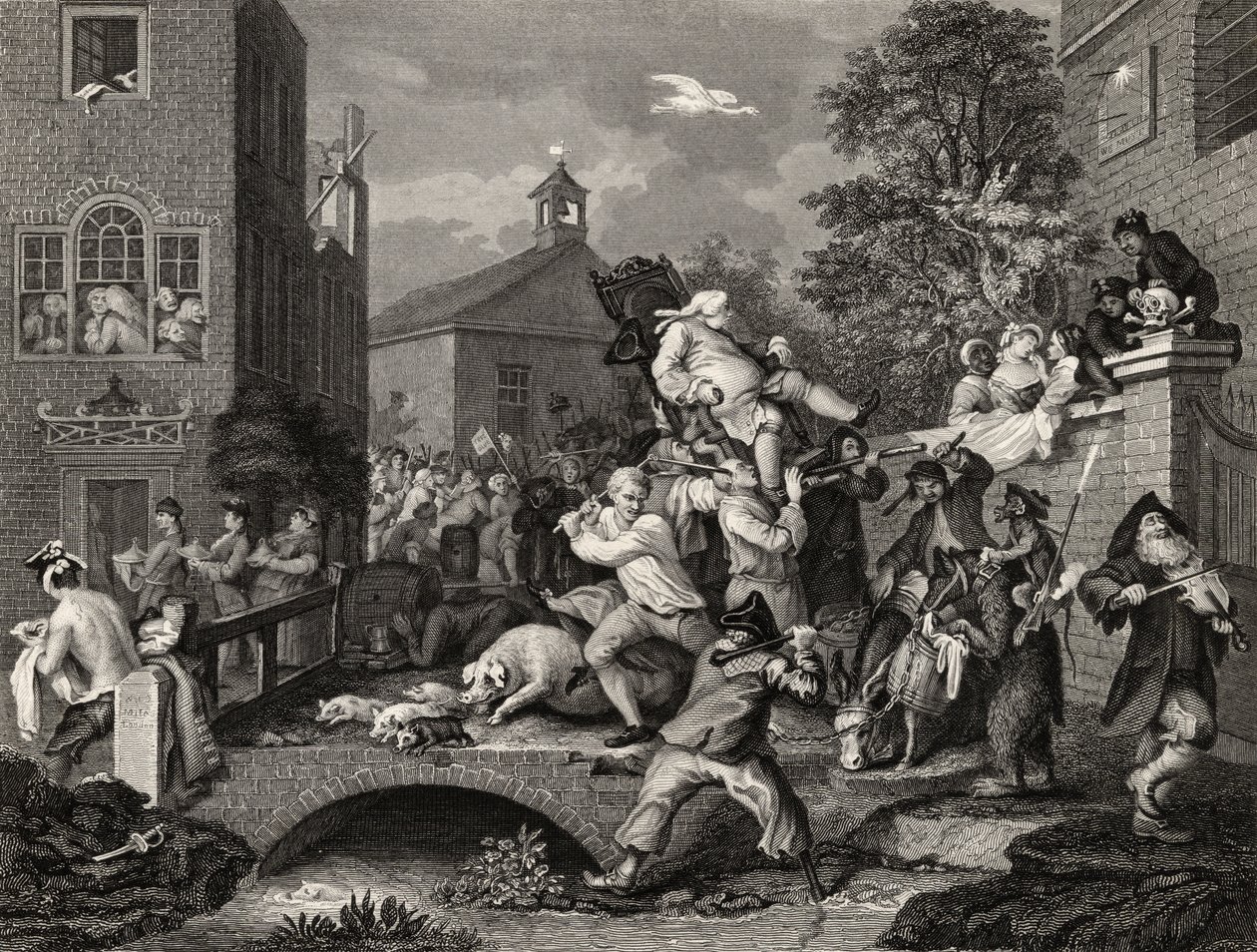 The Election, Chairing the Member, z „The Works of William Hogarth“, publikované v roce 1833 od William Hogarth