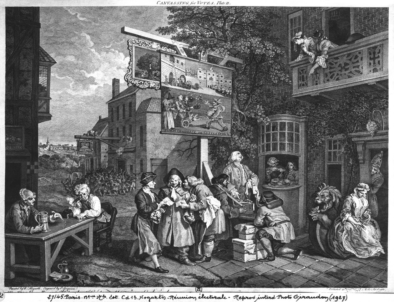 Volby II; Canvassing for Votes, vyryl Charles Grignion (1717-1810) 1757 (viz také 1997) od William Hogarth