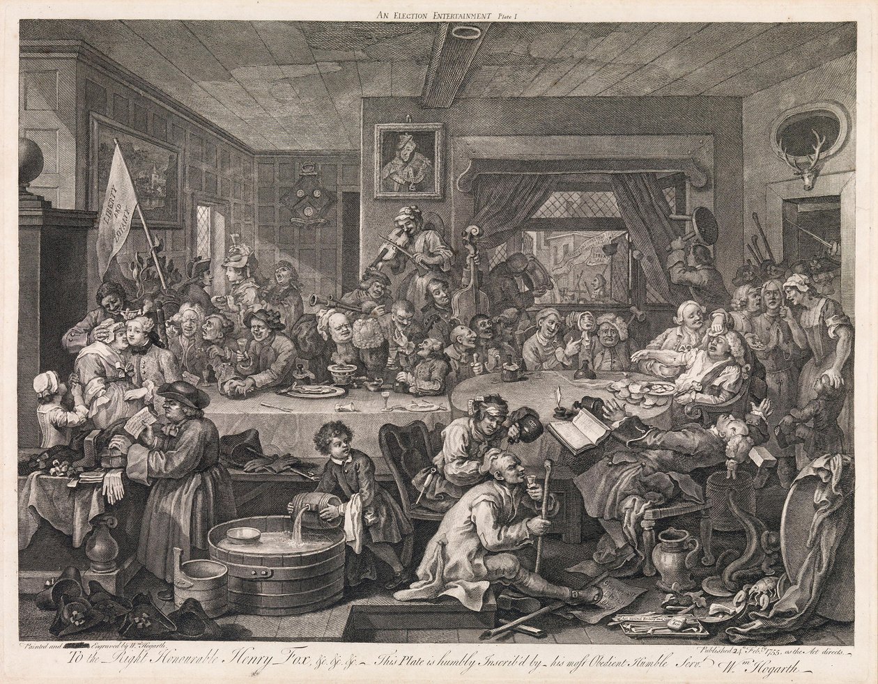 Volby, tabule 1: „Volební hostina“ od William Hogarth