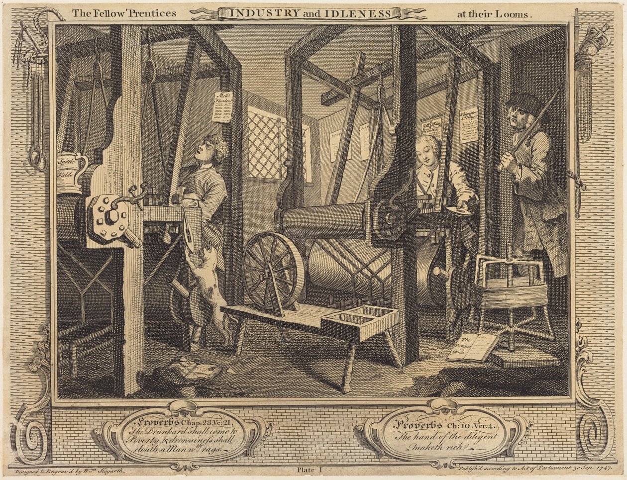 Tovaryšští učni u svých stavů od William Hogarth