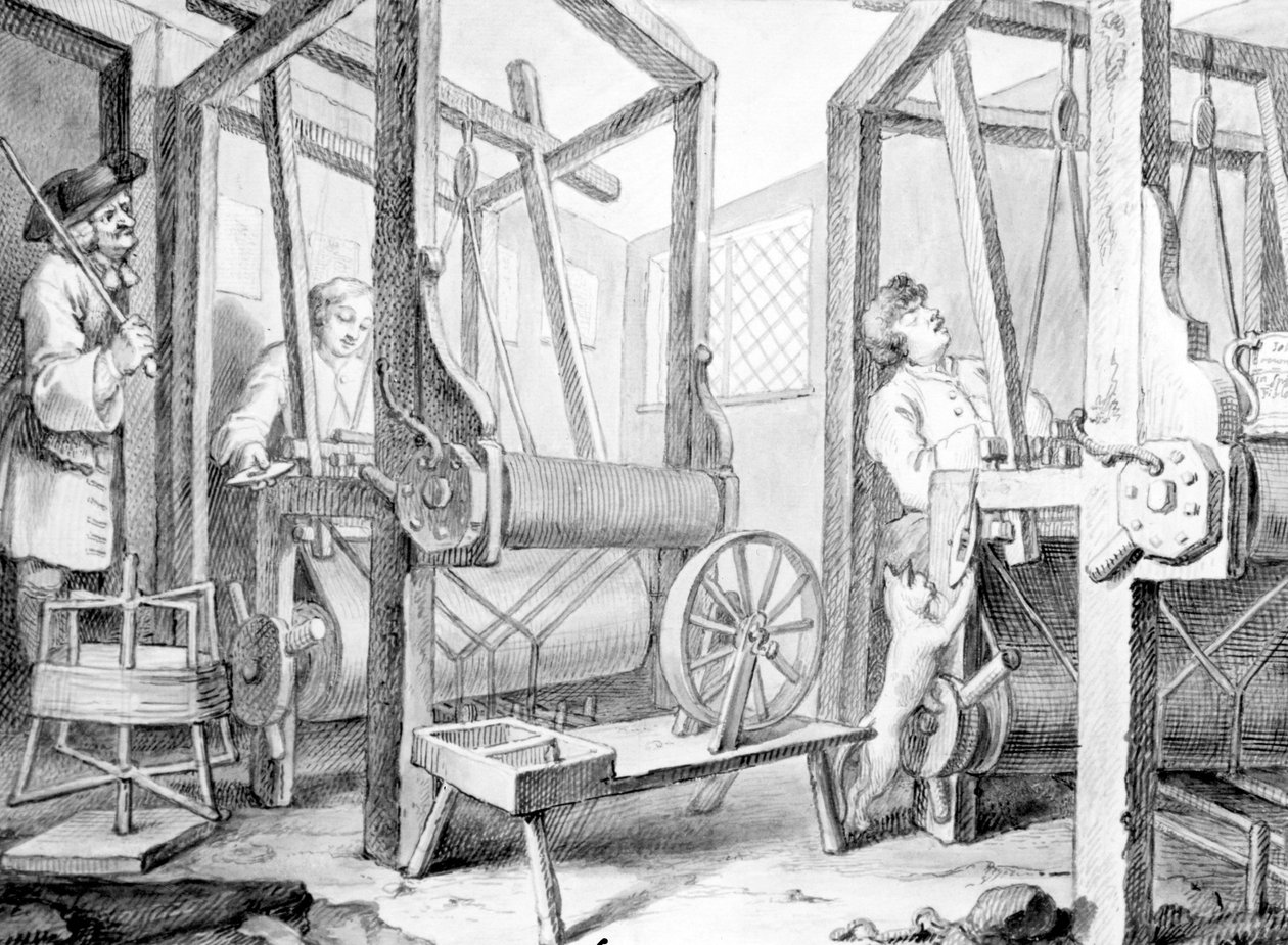 The Fellow Prentices at their Looms Representing Industry and Idleness, 1747 (praní, pero a inkoust a grafit na papíře) od William Hogarth