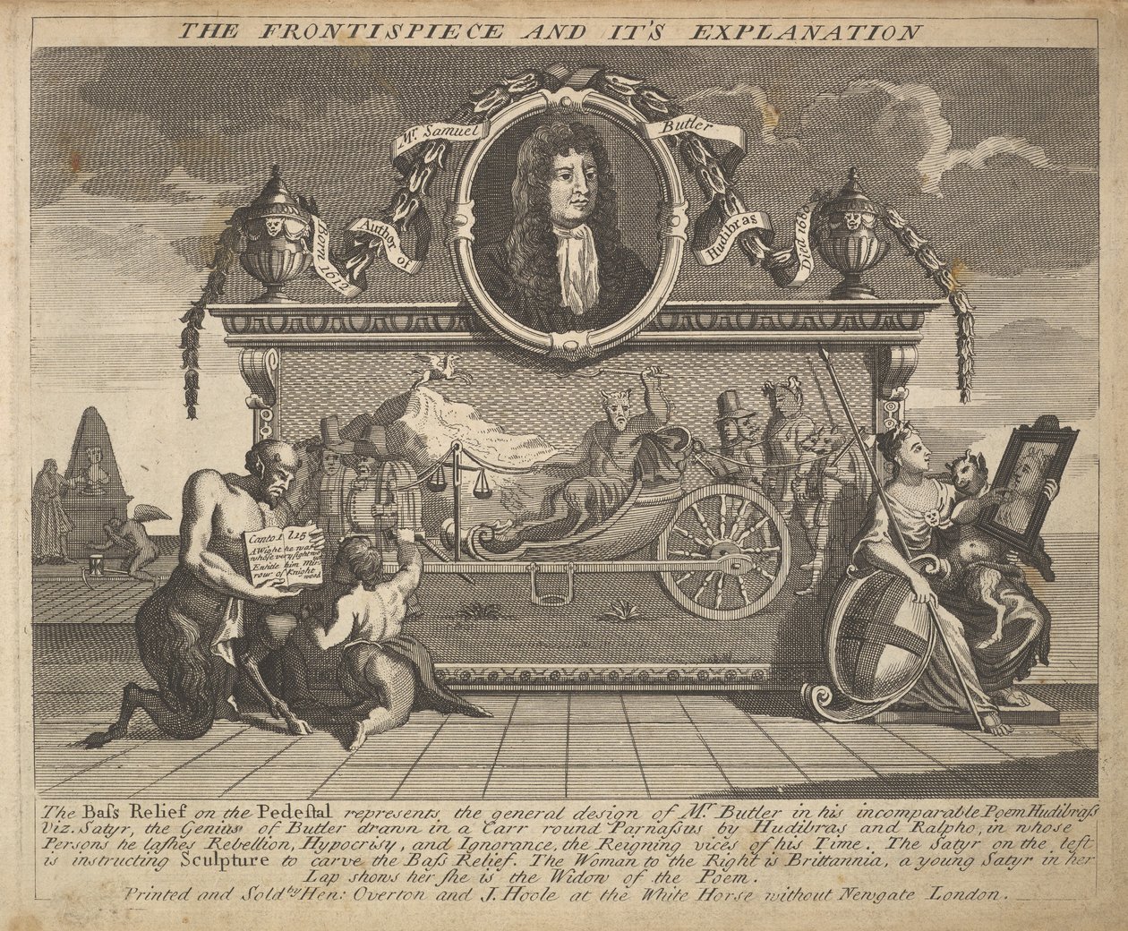 Frontispis a jeho vysvětlující deska 1: Ilustrace k Samuelu Butlers Hud..., 1725-30. od William Hogarth