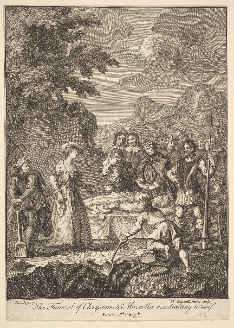Pohřeb Chrystoma a Marcelly, kteří se obhajují Šest ilustrací pro Dona..., 1756 nebo později. od William Hogarth