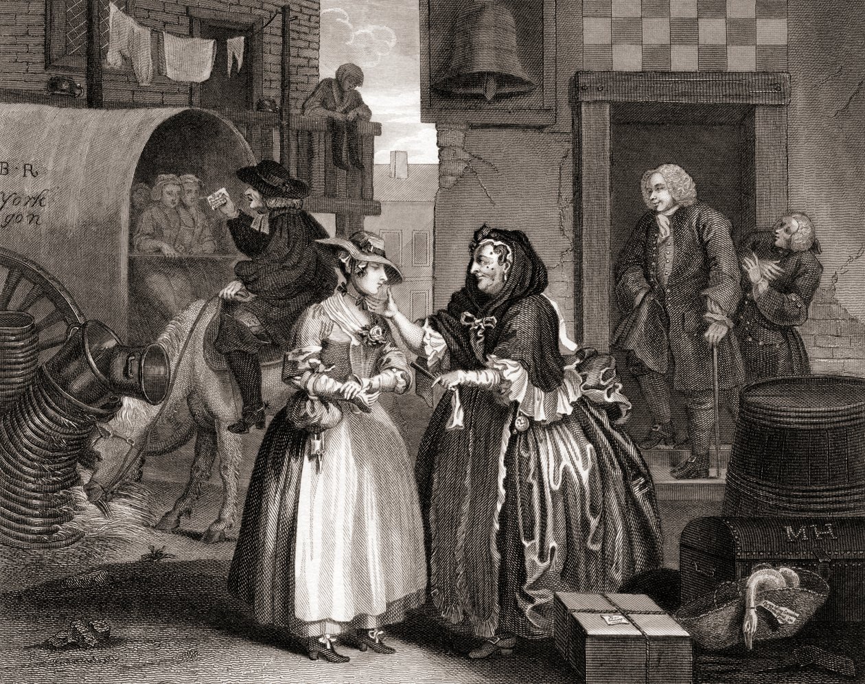 The Harlots Progress lapena do pasti kupce, z The Works of Hogarth publikovaných v Londýně 1833 (č. rytina) od William Hogarth