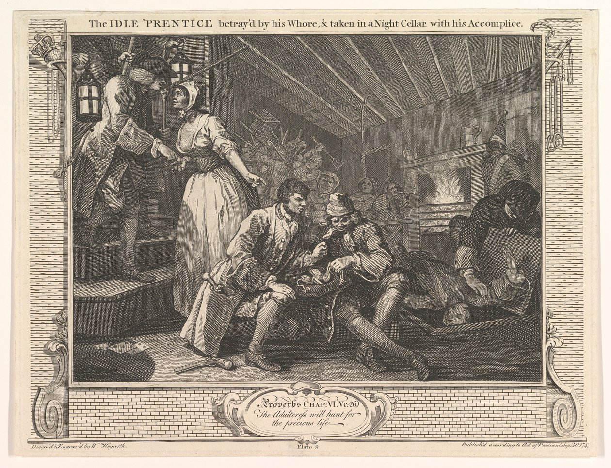 Idle Prentice zrazen jeho kurvou a zajat v nočním sklepě s hi..., 30. září 1747. od William Hogarth