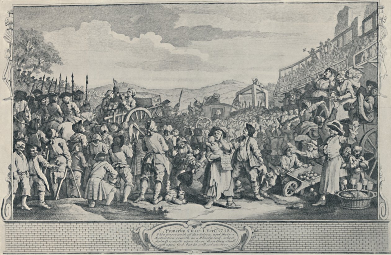 Idle Prentice popraven v Tyburnu ze série Industry and Idleness, 1747, 1920 od William Hogarth