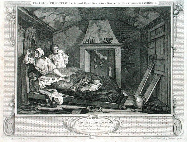 Nečinnost „Prentice se vrátil z moře a v podkroví s prostitutkou“, deska VII „Industry and Idleness“, vydaná 1833 (rytina) od William Hogarth