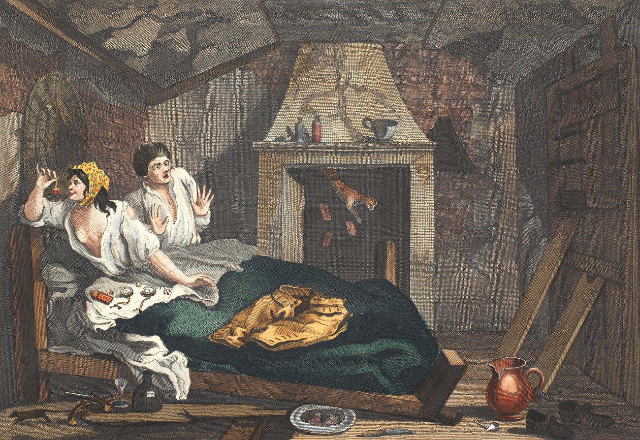 Nečinný „Prentice se vrátil z moře a v podkroví s obyčejnou prostitutkou“, deska VII „Průmysl a nečinnost, ilustrace z „Hogarth Restored: Celá díla slavného Williama Hoga od William Hogarth